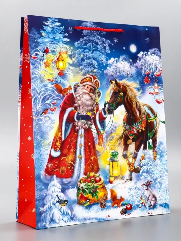 Пакет подарочный новогодний ламинированный, «Дед Мороз и Конь» , 33×10×42.5 см