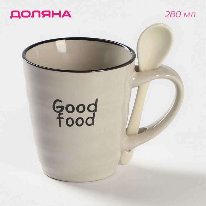 Кружка керамическая с ложкой Доляна «Ноель», 280 мл, цвет бежевый Кружка керамическая с ложкой Доляна «Ноель», 280 мл, цвет бежевый