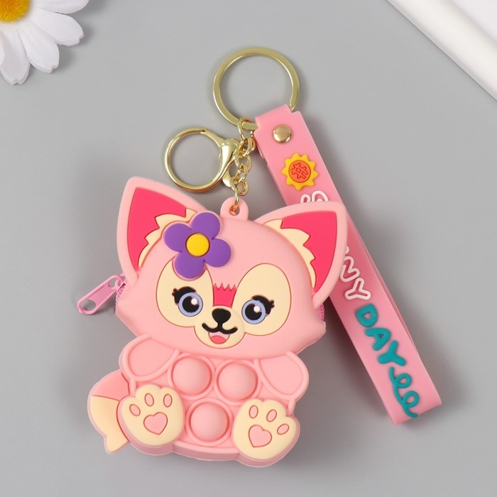 Брелок кошелёк с карабином, ремешком силикон Брелок кошелёк с карабином, ремешком силикон "Лисёнок с цветочком" антистресс 2,5х7,8х9 см 1047326