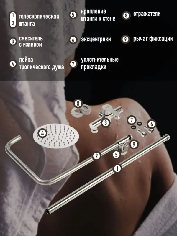 Душевая система ZEIN Z1010, смеситель, тропическая лейка, рычаг, нержавеющая сталь, сатин