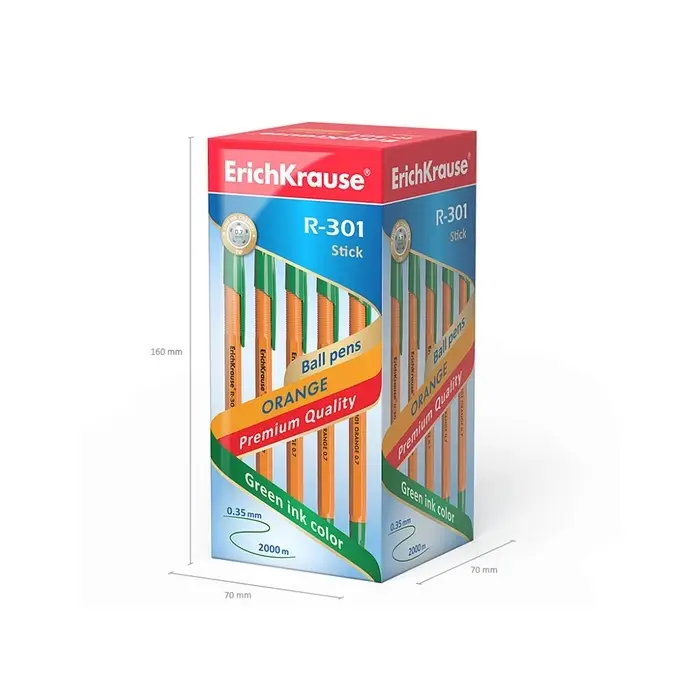 Ручка шариковая ErichKrause R-301 Orange Stick, узел 0.7 мм, чернила зелёные, длина линии письма 2000 метров, штрихкод на ручке