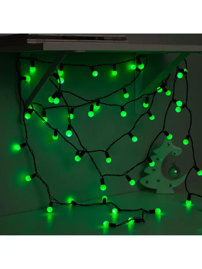 Гирлянда &laquo;Нить&raquo; 10 м с насадками &laquo;Шарики 1.5 см&raquo;, IP44, тёмная нить, 100 LED, свечение зелёное, 8 режимов, 220 В