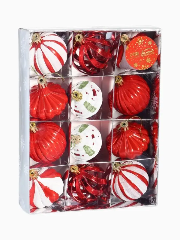 Набор украшений пластик 12 шт Набор украшений пластик 12 шт "Новогодние радости" 6 см, красный
