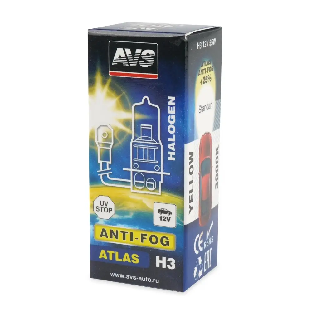 Галогенная лампа AVS/ATLAS ANTI-FOG/BOX желтый H3.12V.55W.коробка 1шт.