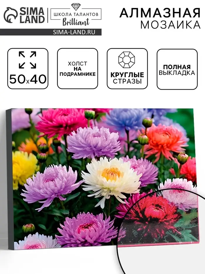 Алмазная вышивка полное заполнение &laquo;Астры&raquo;, на раме, 40&times;50 см