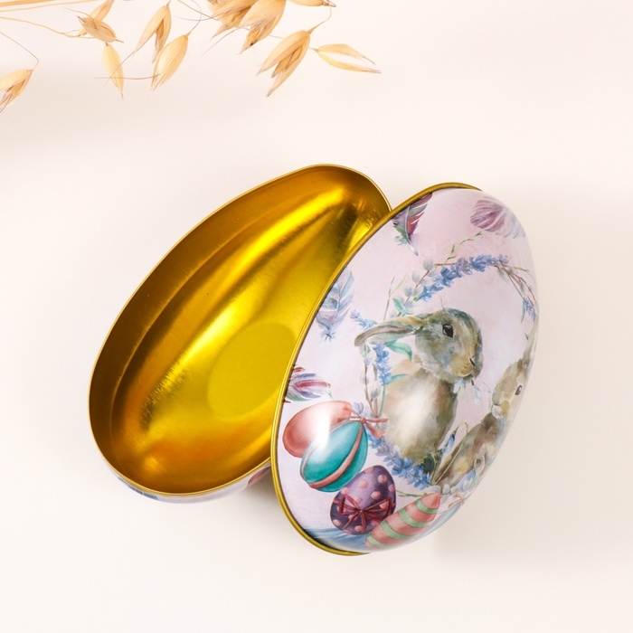 Шкатулка металл яйцо  Шкатулка металл яйцо "Два пасхальных зайчика" 7х6,5х11 см