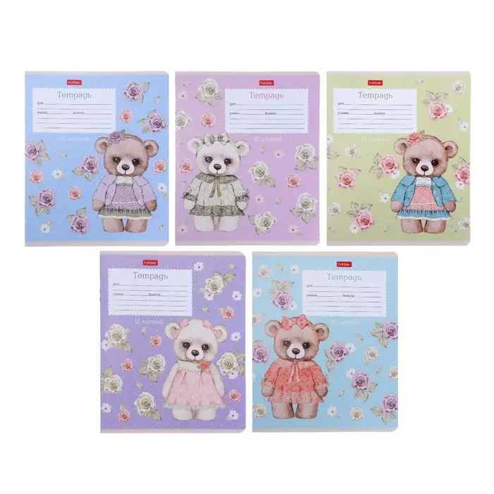 Тетрадь12 листов в клетку "Мишки-малышки", обложка мелованный картон, тиснение, блок 65г/м&sup2;, 5 видов, МИКС