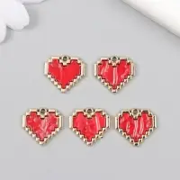 Металлический элемент, декоративная подвеска «Арт Узор. Красное сердце. Пиксели», эмаль, золото, 0.2×1.6×1.5 см