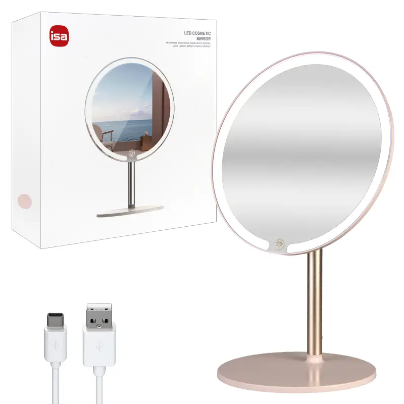 Настольное зеркало для макияжа с подсветкой ML-01 ISA розовое (24 шт/кор)
