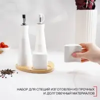 Набор фарфоровый для специй на деревянной подставке Доляна &laquo;Эстет&raquo;, 4 предмета: солонка 100 мл, перечница 100 мл, 2 соусника 200 мл, цвет белый