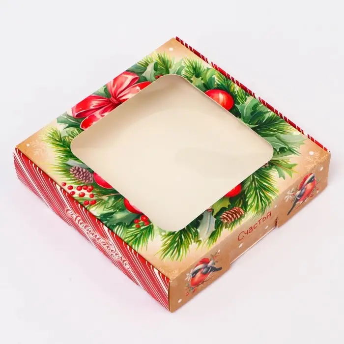 Подарочная коробка сборная с окном «Снегири», 13×13×3 см Подарочная коробка сборная с окном «Снегири», 13×13×3 см