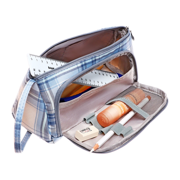 Пенал мягкий 2 отделения, 95 х 210 х 90 мм, объёмный с откидной планкой, с ручкой, Calligrata, Пенал мягкий 2 отделения, 95 х 210 х 90 мм, объёмный с откидной планкой, с ручкой, Calligrata, "Шотландка", серо-белая