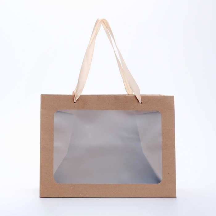 Пакет подарочный с широким дном и окном 25 х 19 х 18 см, крафт