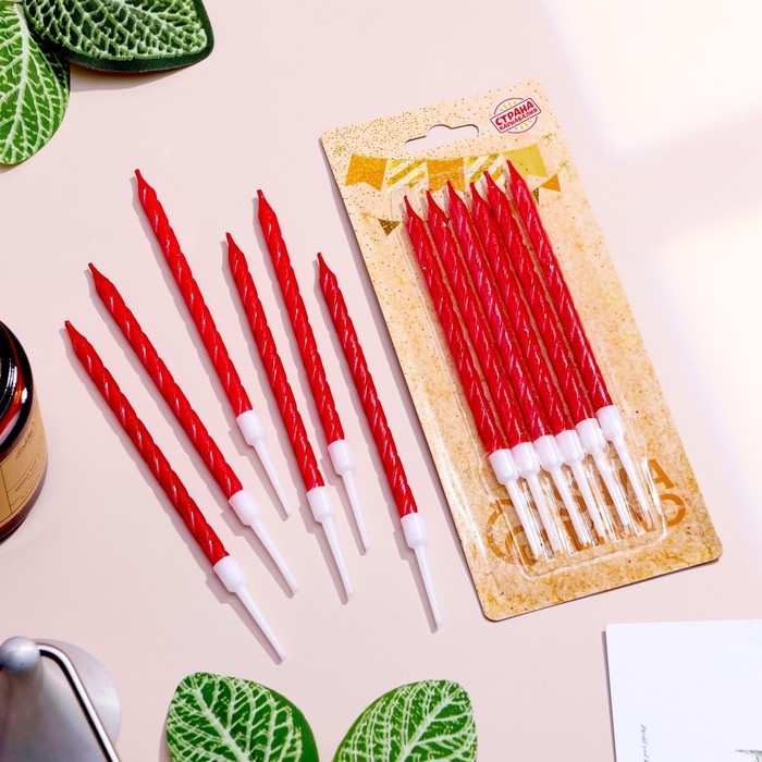 Свечи в торт витые с подставкой, 6 шт, 11 см, рубиновые Свечи в торт витые с подставкой, 6 шт, 11 см, рубиновые