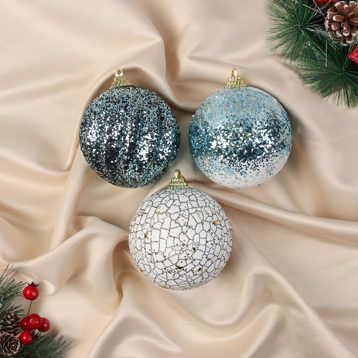 Набор шаров пластик d-8 см, 3 шт Набор шаров пластик d-8 см, 3 шт "Ксавье" ассорти, бело-синий