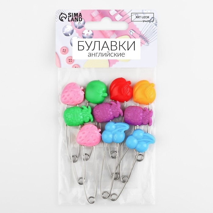 Булавки английские «Фрукты», безопасные, 50 мм, 10 шт, цвет МИКС Булавки английские «Фрукты», безопасные, 50 мм, 10 шт, цвет МИКС