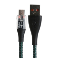 Кабель, 2 А, MicroUSB  - USB, прозрачный, оплётка нейлон, 1 м, зелёный