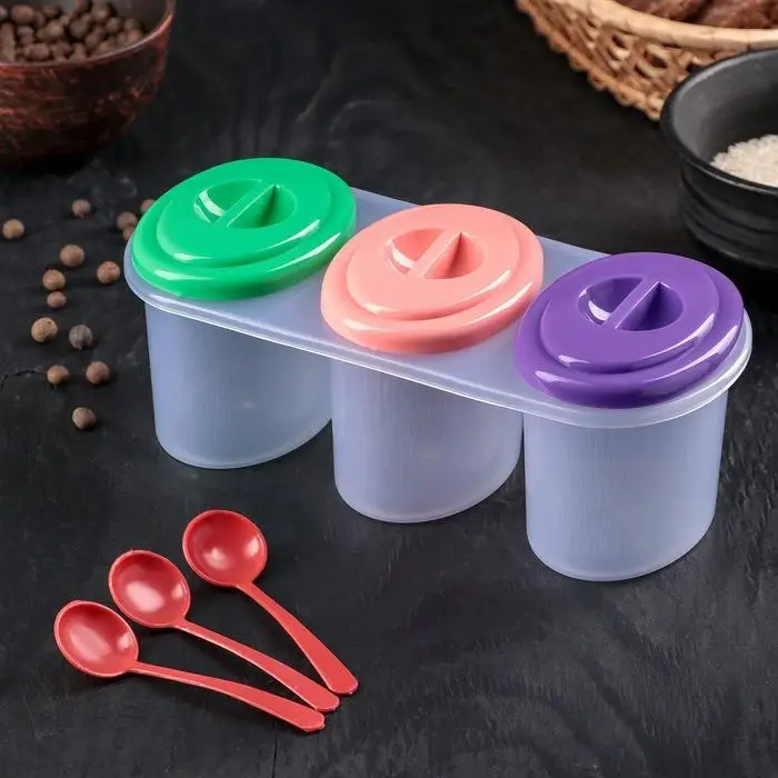 Набор банок для сыпучих продуктов «Комфорт», 3 шт, 21×9,5×8 см, с ложками, цвет МИКС Набор банок для сыпучих продуктов «Комфорт», 3 шт, 21×9,5×8 см, с ложками, цвет МИКС