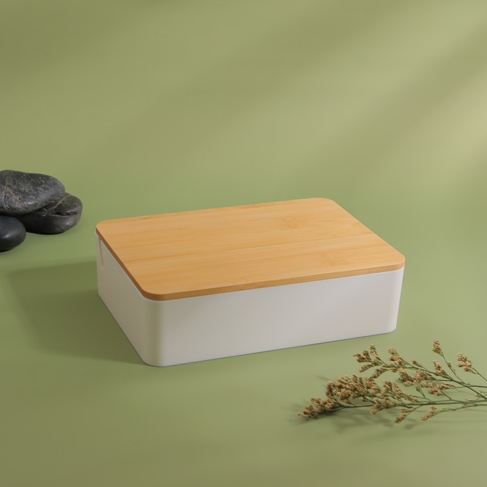 Бокс для хранения косметических принадлежностей «BAMBOO», с зеркалом, 4 секции, 18 × 13 × 5 см, цвет белый/коричневый Бокс для хранения косметических принадлежностей «BAMBOO», с зеркалом, 4 секции, 18 × 13 × 5 см, цвет белый/коричневый