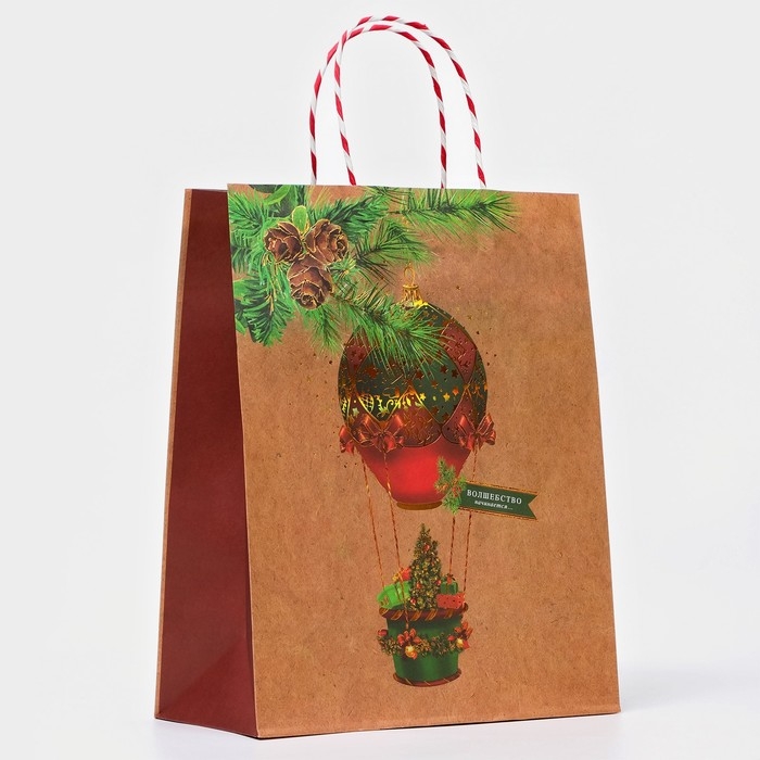 Новый год. Пакет бумажный подарочный новогодний крафт Новый год. Пакет бумажный подарочный новогодний крафт "Новогодний воздушный шар" 18 х 22,3 х 10 см.