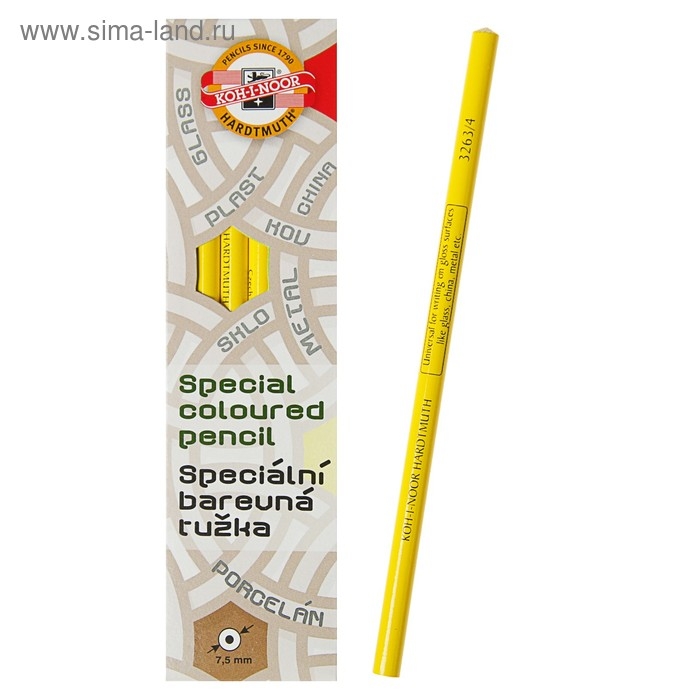 Карандаш незаточенный 4.3 мм, Koh-I-Noor 3263/4, по стеклу, металлу, пластику, жёлтый, L=175 мм Карандаш незаточенный 4.3 мм, Koh-I-Noor 3263/4, по стеклу, металлу, пластику, жёлтый, L=175 мм