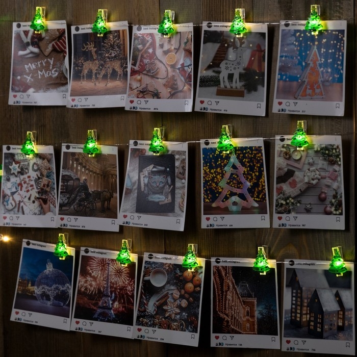 Гирлянда «Нить» 2 м роса с насадками «Прищепки-ёлки», IP20, серебристая нить, 20 LED, батарейки ААх2 (нет в комплекте), свечение тёплое белое Гирлянда «Нить» 2 м роса с насадками «Прищепки-ёлки», IP20, серебристая нить, 20 LED, батарейки ААх2 (нет в комплекте), свечение тёплое белое