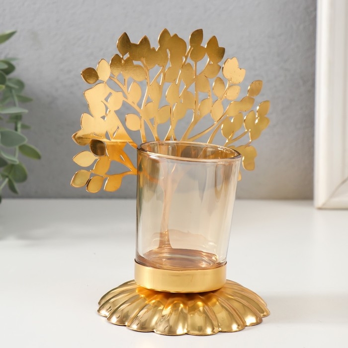 Подсвечник металл, стекло на 1 свечу  Подсвечник металл, стекло на 1 свечу "Дерево с листьями" d=4,7 см, золото 14,7х9,3х15 см