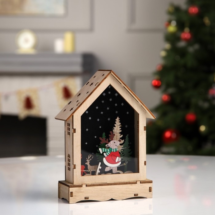 Светодиодная фигура «Домик с оленем» 16 × 11 × 4.5 см, дерево, батарейки АААх2 (не в комплекте), свечение тёплое белое