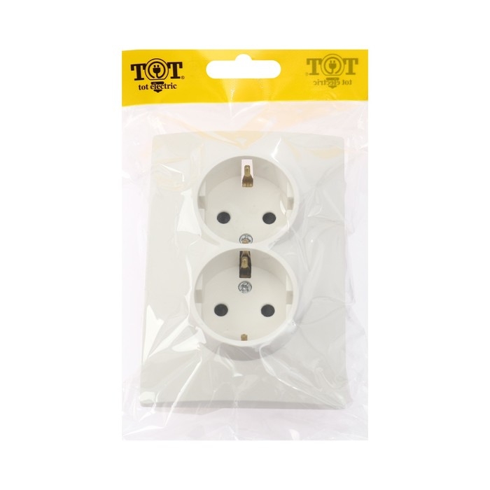 Розетка двухместная TOT Elegant, 16 А, скрытая, с з/к, белая Розетка двухместная TOT Elegant, 16 А, скрытая, с з/к, белая