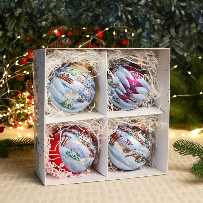 Набор из 4-х ёлочных шаров 100 мм «Зимний сон» Набор из 4-х ёлочных шаров 100 мм «Зимний сон»