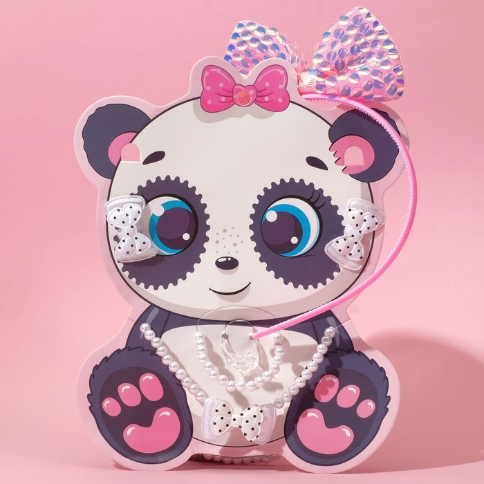 Набор детский «Выбражулька» 6 предметов: ободок, 2 резинки, кулон, браслет, кольцо, панда, бантики, цвет бело-розовый Набор детский «Выбражулька» 6 предметов: ободок, 2 резинки, кулон, браслет, кольцо, панда, бантики, цвет бело-розовый