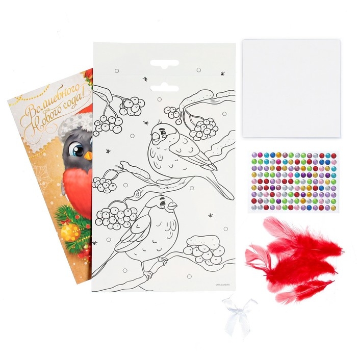 Аппликация на новый год перьями и стразами «Снегирь», новогодний набор для творчества Аппликация на новый год перьями и стразами «Снегирь», новогодний набор для творчества