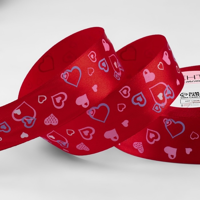 Лента атласная &laquo;Сердца&raquo;, 25 мм &times; 23 &plusmn; 1 м, цвет красный №026
