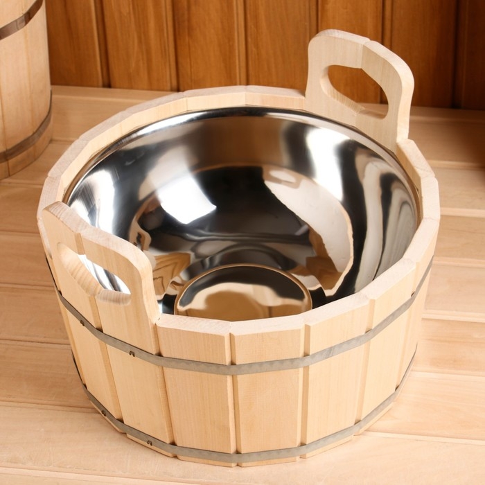 Шайка из липы, 9 л, круглая, нержавеющая вставка Шайка из липы, 9 л, круглая, нержавеющая вставка