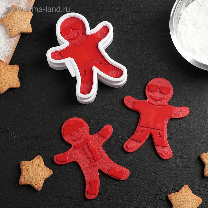 Форма для печенья с 3-мя печатями двухсторонними и прессом Доляна «Пряничный человечек», 13×11×3,5 см, цвет МИКС Форма для печенья с 3-мя печатями двухсторонними и прессом Доляна «Пряничный человечек», 13×11×3,5 см, цвет МИКС