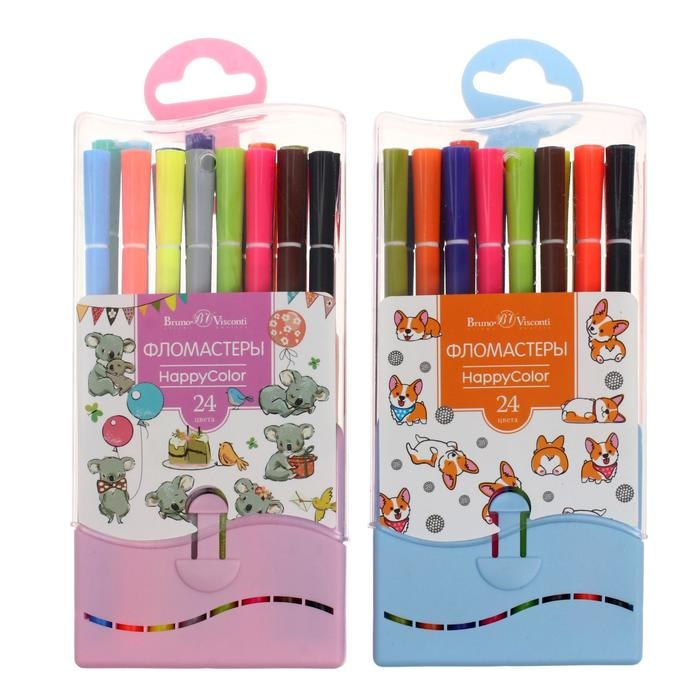 Фломастеры 24 цвета HappyColor, на водной основе, в пластиковом пенале, МИКС Фломастеры 24 цвета HappyColor, на водной основе, в пластиковом пенале, МИКС