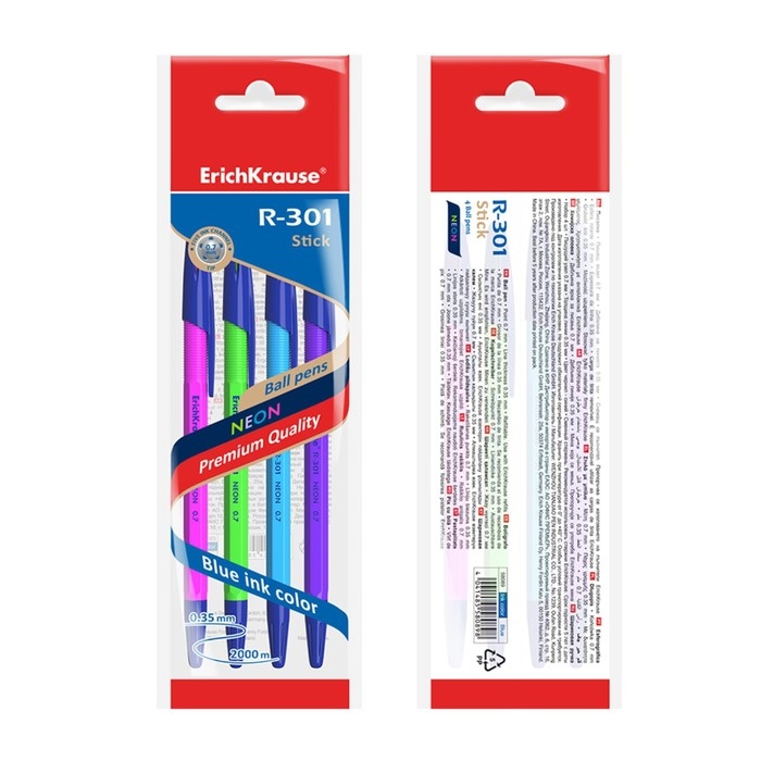 Набор ручек шариковых 4 штуки, ErichKrause R-301 Neon Stick, узел 0.7 мм, чернила синие, корпус неоновый, длина линии письма 2000 метров, МИКС Набор ручек шариковых 4 штуки, ErichKrause R-301 Neon Stick, узел 0.7 мм, чернила синие, корпус неоновый, длина линии письма 2000 метров, МИКС