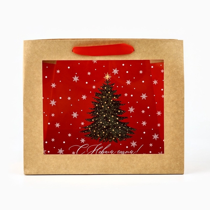 Пакет подарочный новогодний крафтовый с пластиковым окном &laquo;Новогоднее чудо&raquo;, 24 х 20 х 11см