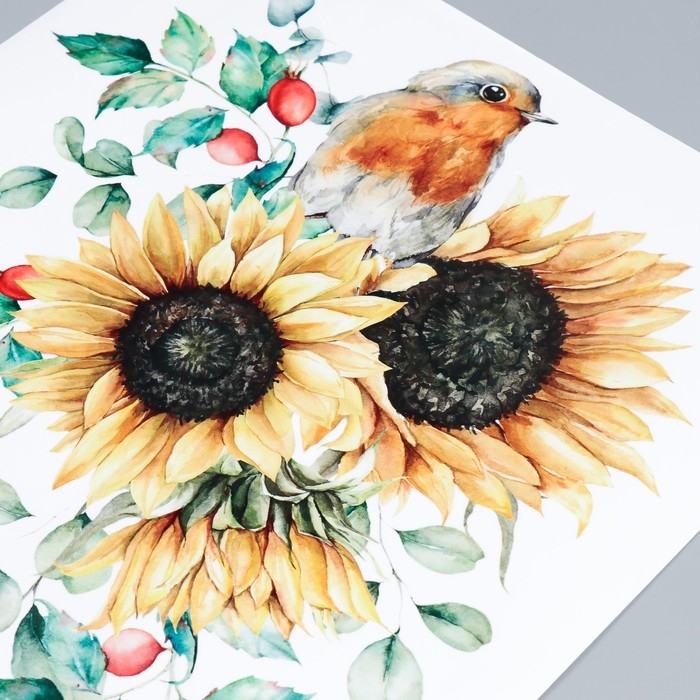 Наклейка пластик интерьерная цветная Наклейка пластик интерьерная цветная "Подсолнухи с птичкой" 39х47 см