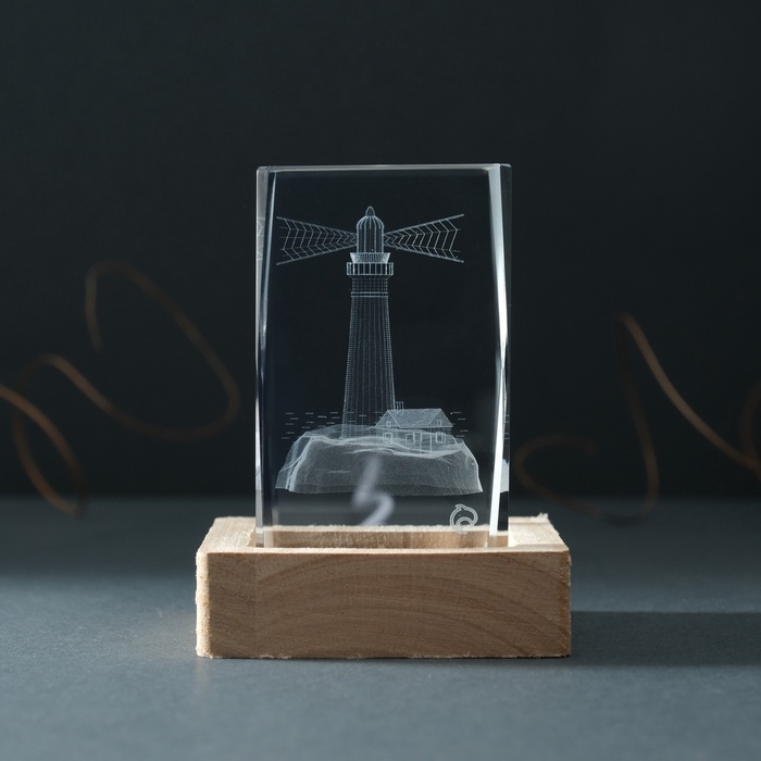 Сувенир стекло подсветка  Сувенир стекло подсветка "Прямоугольник. Маяк" подставка дерево, USB 7х7х10