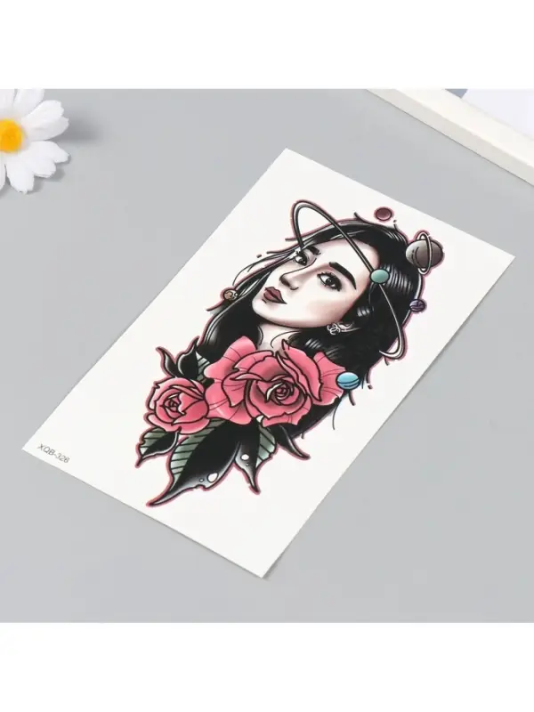 Переводная тату на тело «Девушка, космос и розы», 12×18.8 см