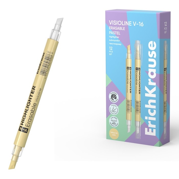 Двухсторонний маркер текстовыделитель ErichKrause Visioline V-16 Erasable Pastel, 4 мм, жёлтый Двухсторонний маркер текстовыделитель ErichKrause Visioline V-16 Erasable Pastel, 4 мм, жёлтый