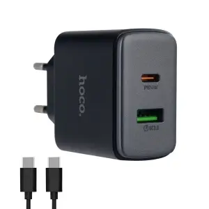 Сетевое зарядное устройство с кабелем Type-C на Type-C PD45W + USB QC3.0 C158A HOCO черное