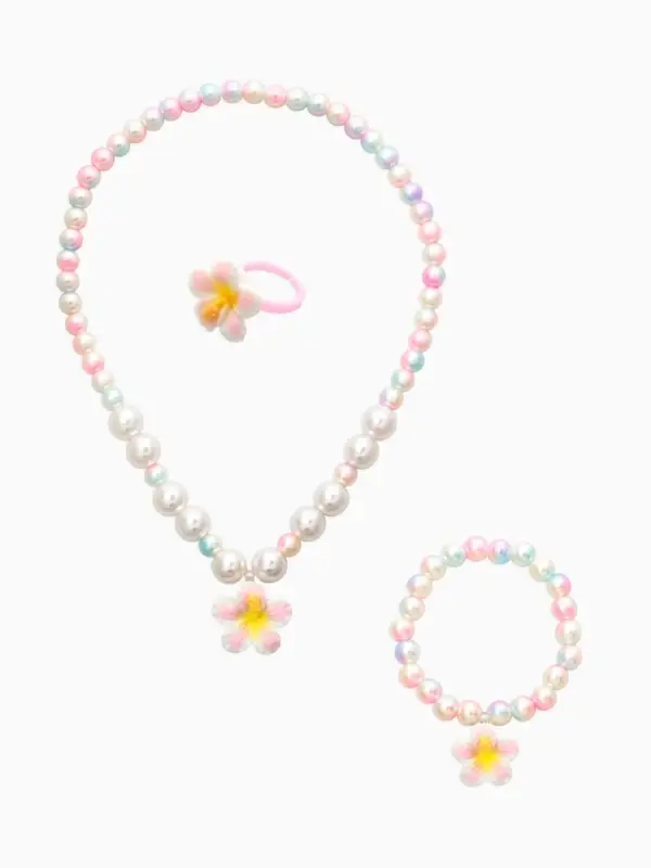 Набор детский "Выбражулька" 3 пред-а: бусы, браслет, кольцо б-р, цветок, жемчуг, желто-белый   10967