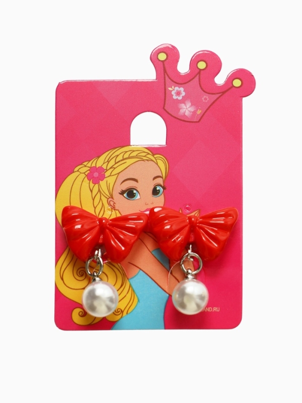 Серьги-клипсы детские  Серьги-клипсы детские "Выбражулька" бант с жемчужиной, цвет красно-белый