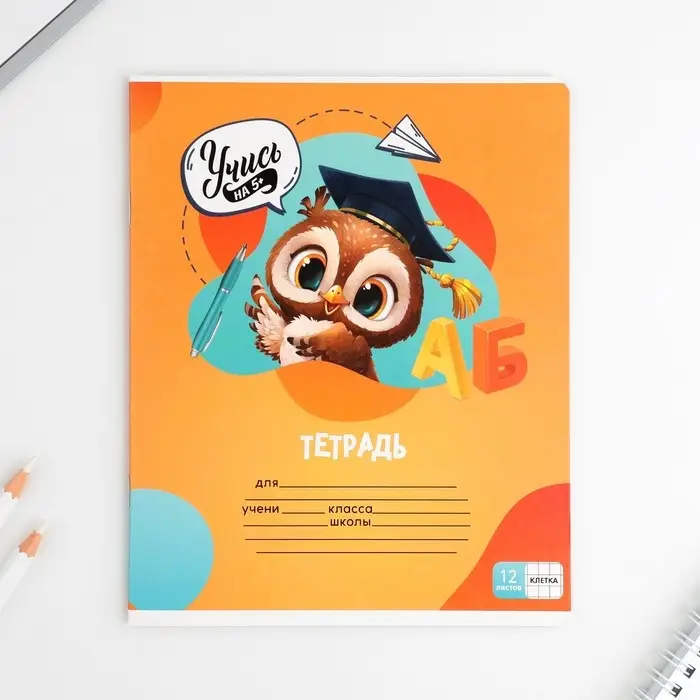 Тетрадь в клетку, 12 листов, А5, на скрепке, блок №1 &laquo;Учись на 5+&raquo; МИКС