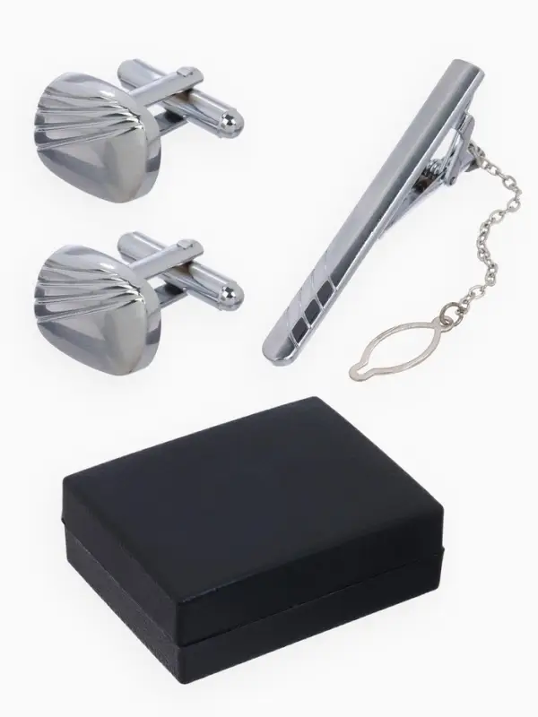 Набор мужской стальной &laquo;Запонки + Зажим для галстука&raquo;, линии, цвет серебро