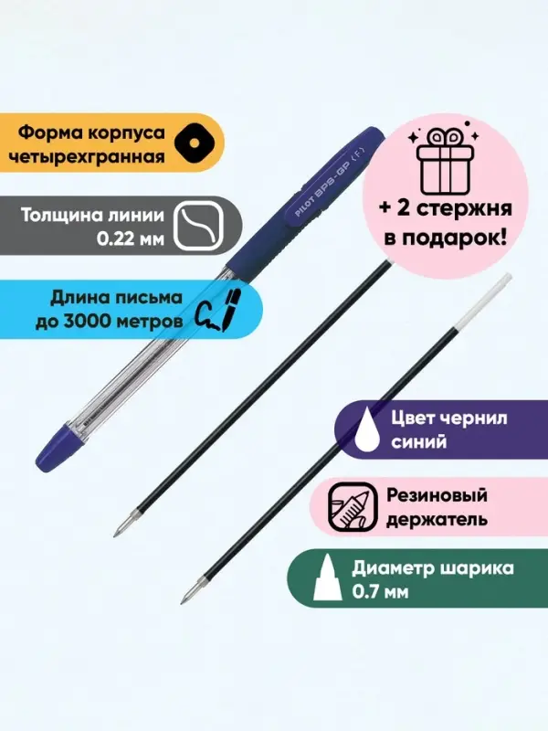 Шариковая ручка Pilot, синий стержень, узел 0.7 мм, с двумя сменными стержнями, резиновый упор