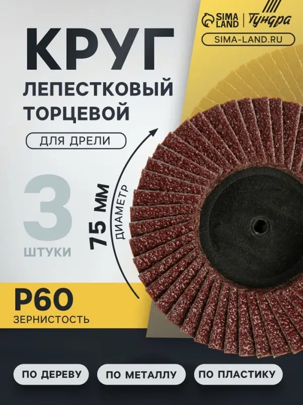 Круг лепестковый торцевой ТУНДРА, для дрели, М8, 75 мм, P60, 3 шт.