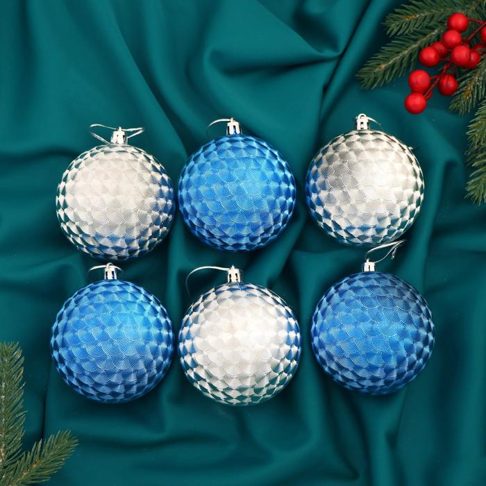 Набор шаров пластик d-8 см, 6 шт Набор шаров пластик d-8 см, 6 шт "Мелания" серебро синий